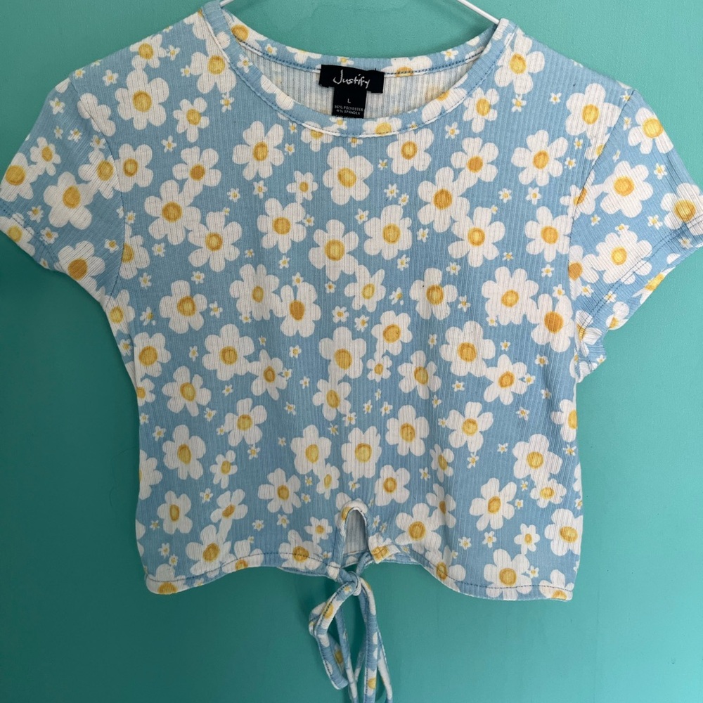 Justify Blue Floral Women's Crop Tee Top String Pull Daisy Flower Large Summer